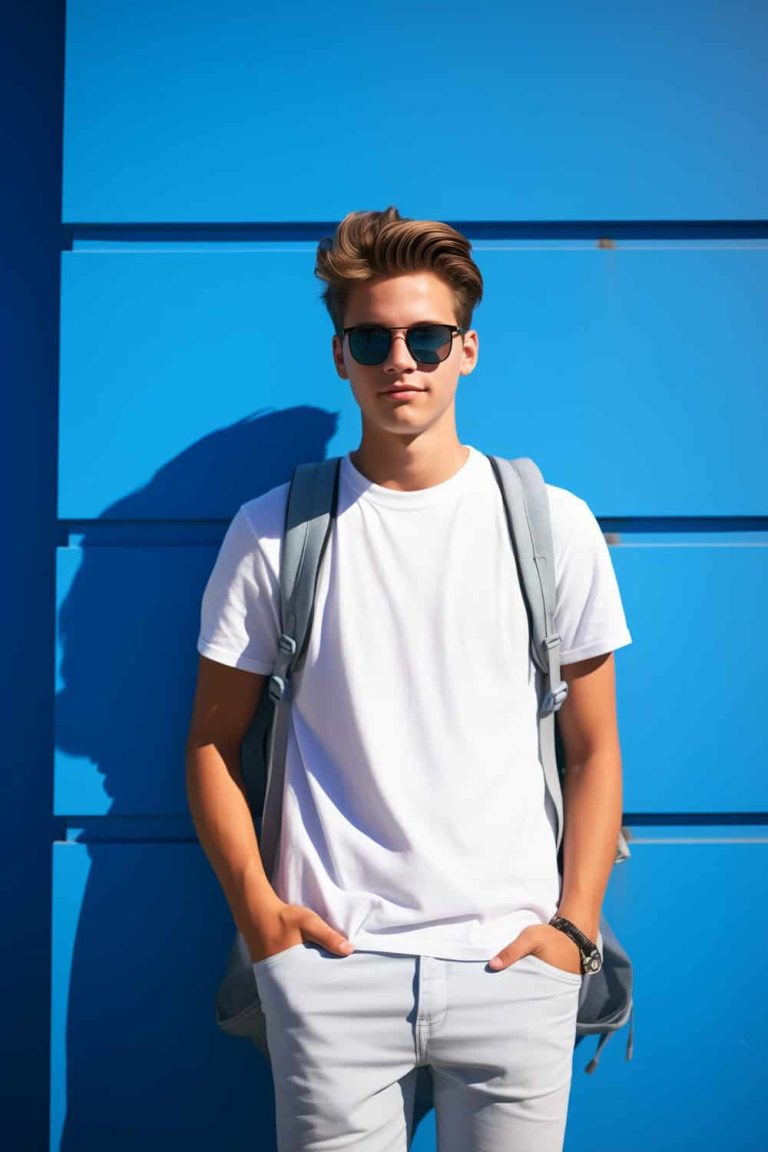 Young Man Standing in Front of Blue Wall